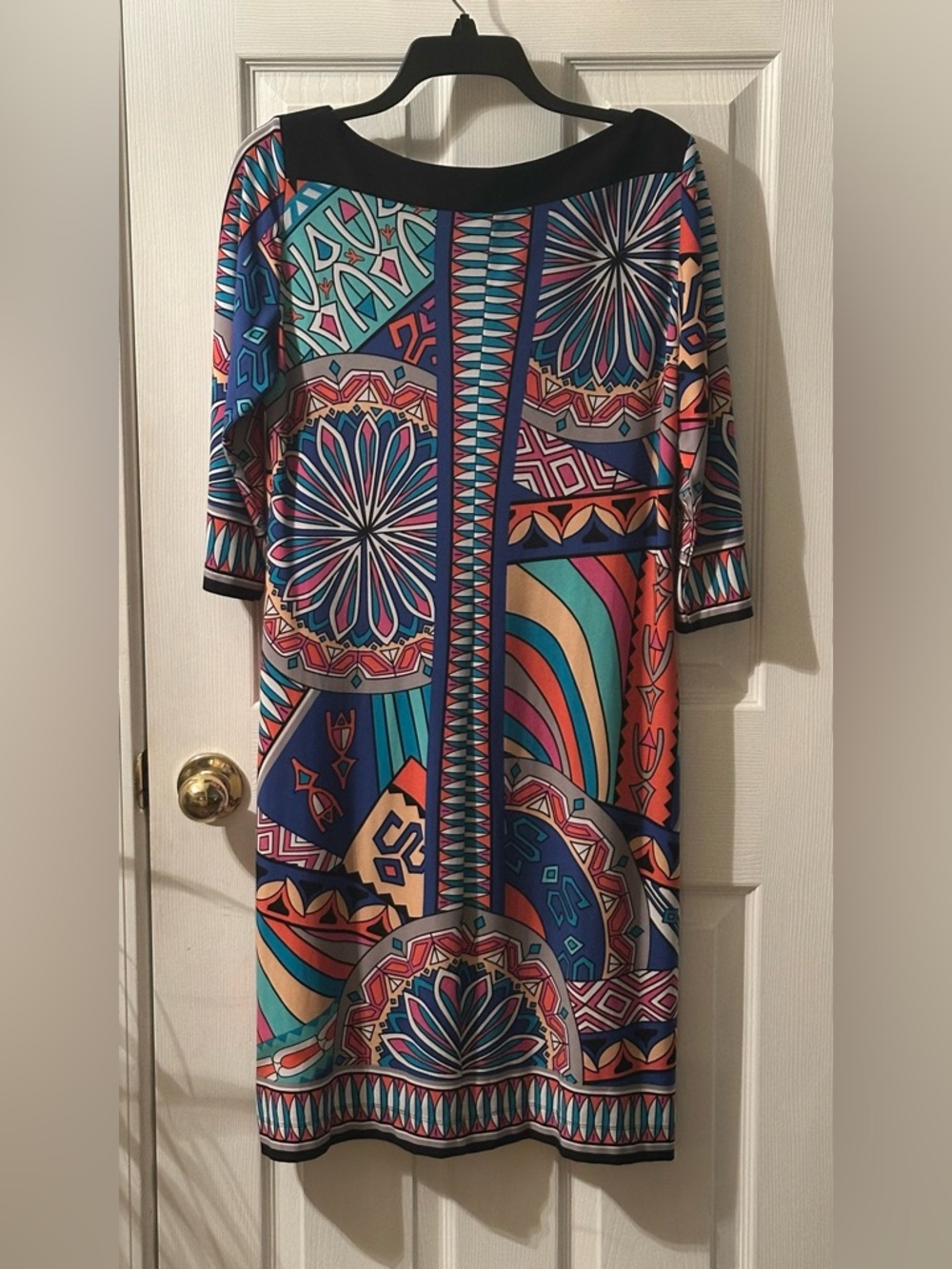 Vibrant, SOHO retro-inspired shift dress, multi-colored geometric prints.